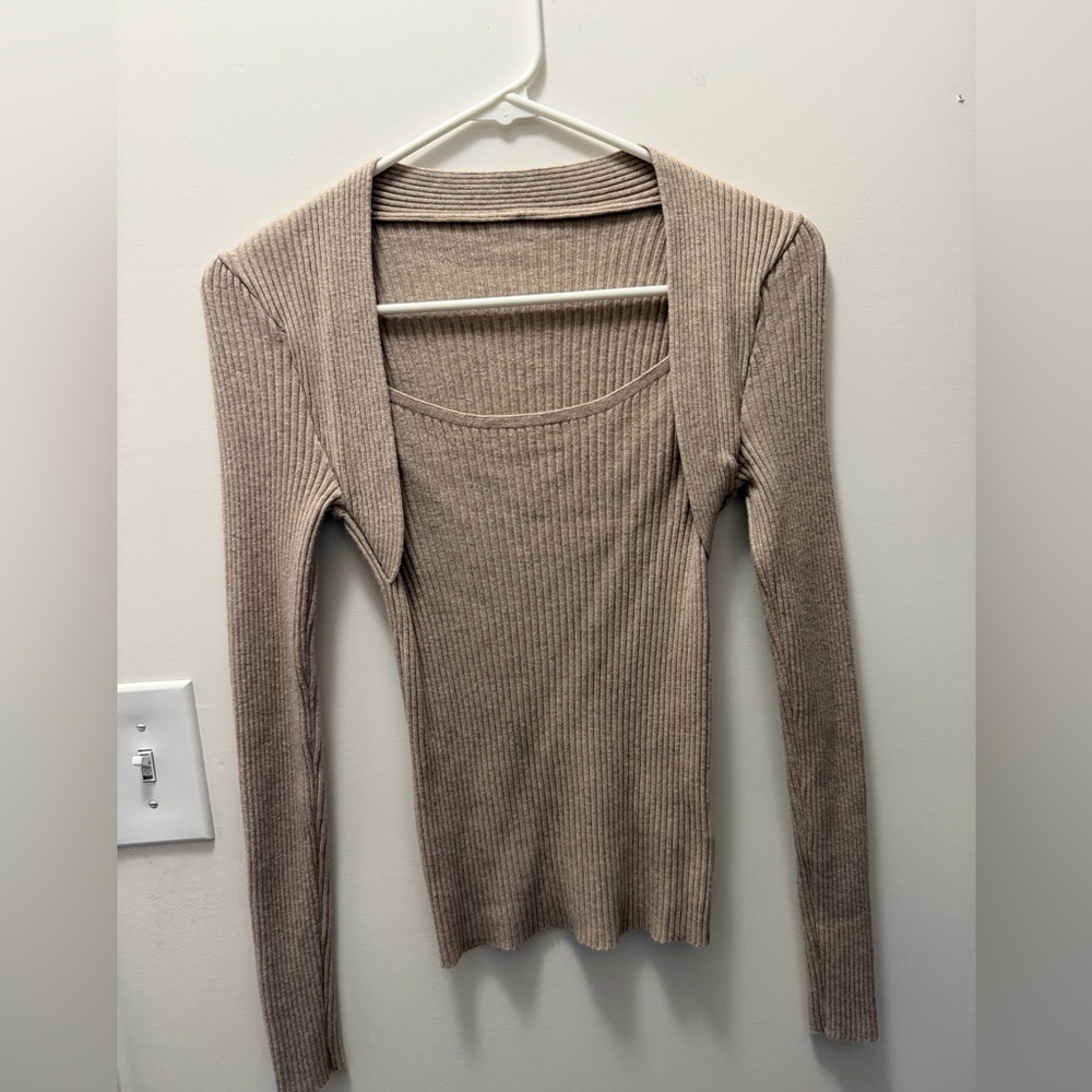 SHEIN Beige Ribbed Knit Long Sleeve Top
